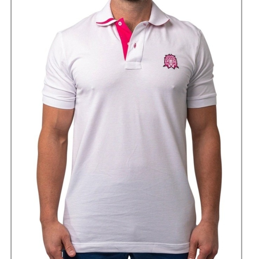 MACEOO Polo Shirt Mozart Solid Tip White Pink Lion Logo Short Sleeve Mens L NWOT